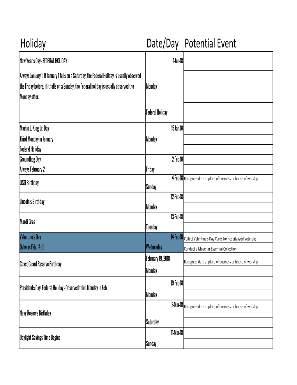 Military Federal Holidays.Xlsx