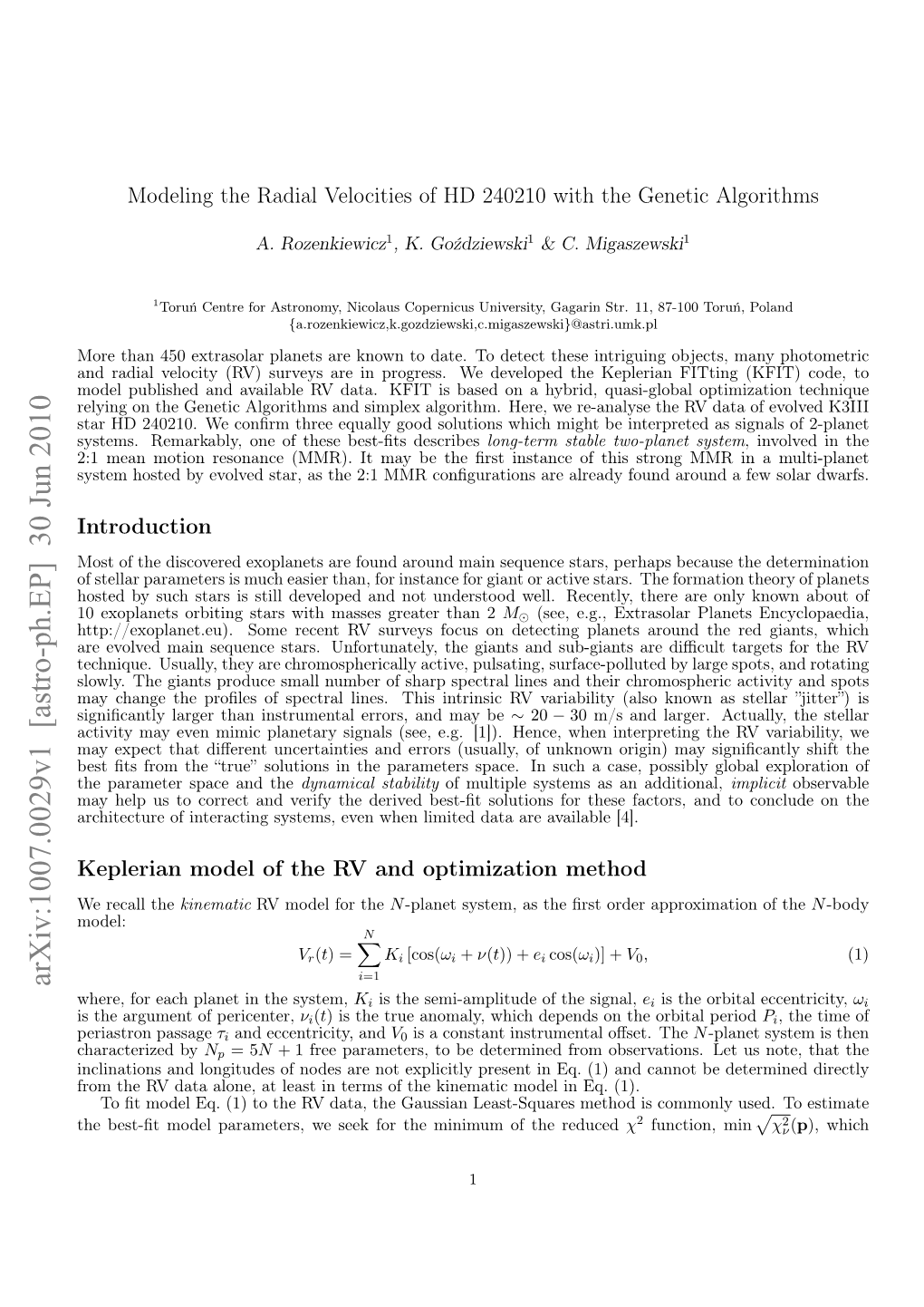 Modeling the Radial Velocities of HD 240210 with the Genetic Algorithms