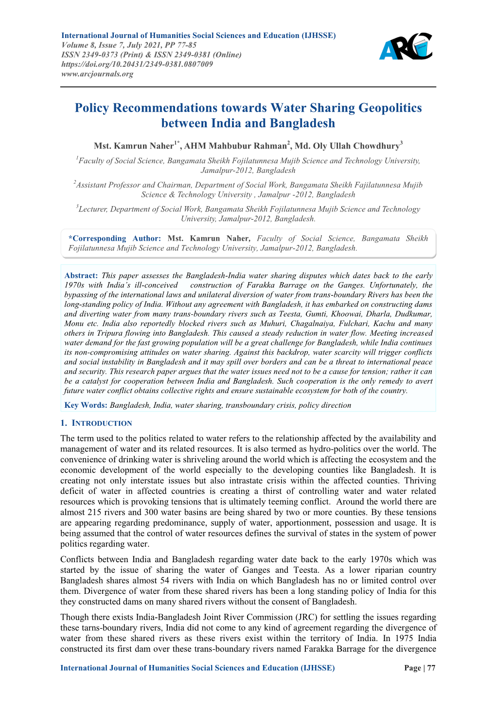 Policy Recommendations Towards Water Sharing Geopolitics Between India and Bangladesh