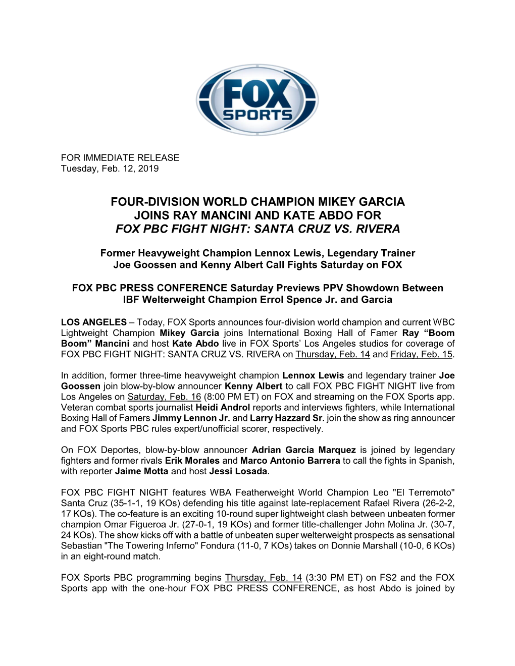 Four-Division World Champion Mikey Garcia Joins Ray Mancini and Kate Abdo for Fox Pbc Fight Night: Santa Cruz Vs