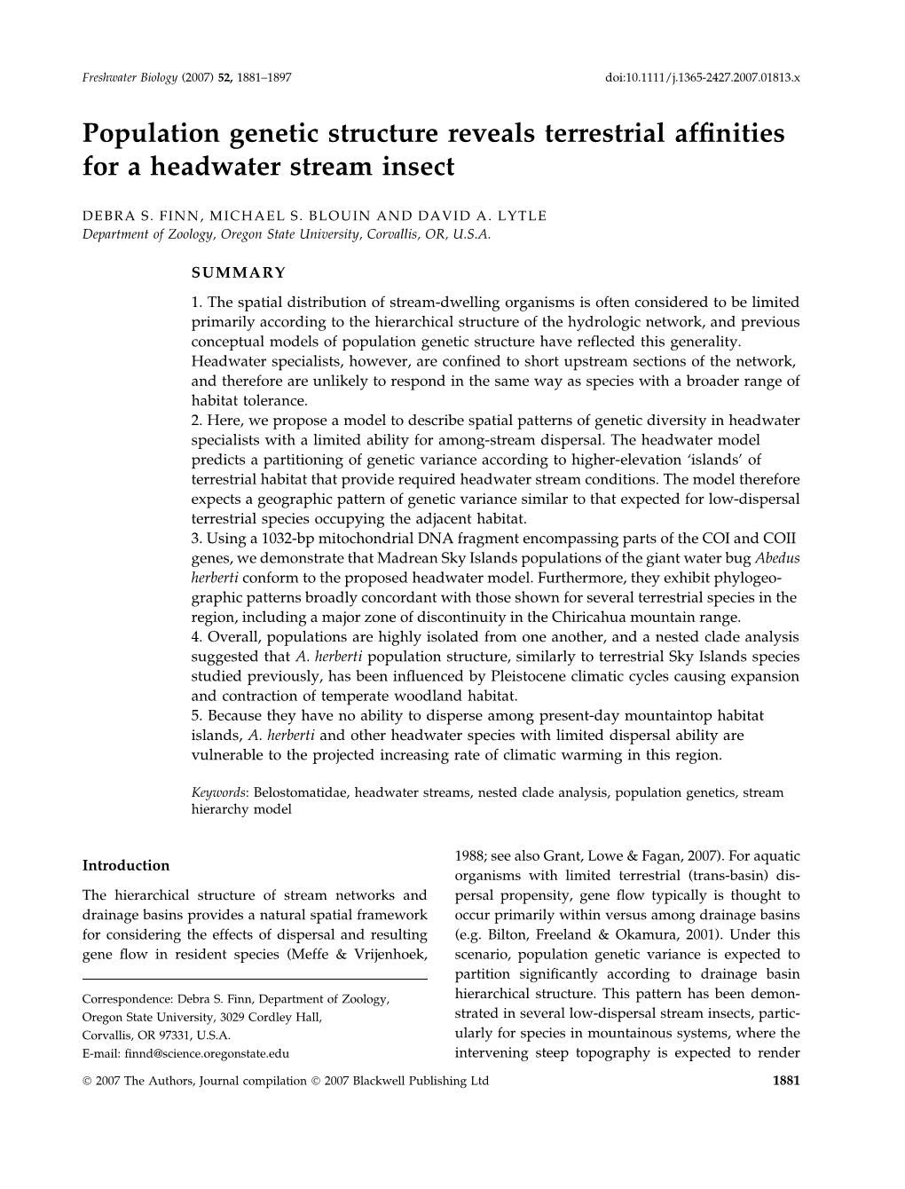 Population Genetic Structure Reveals Terrestrial Affinities for a Headwater