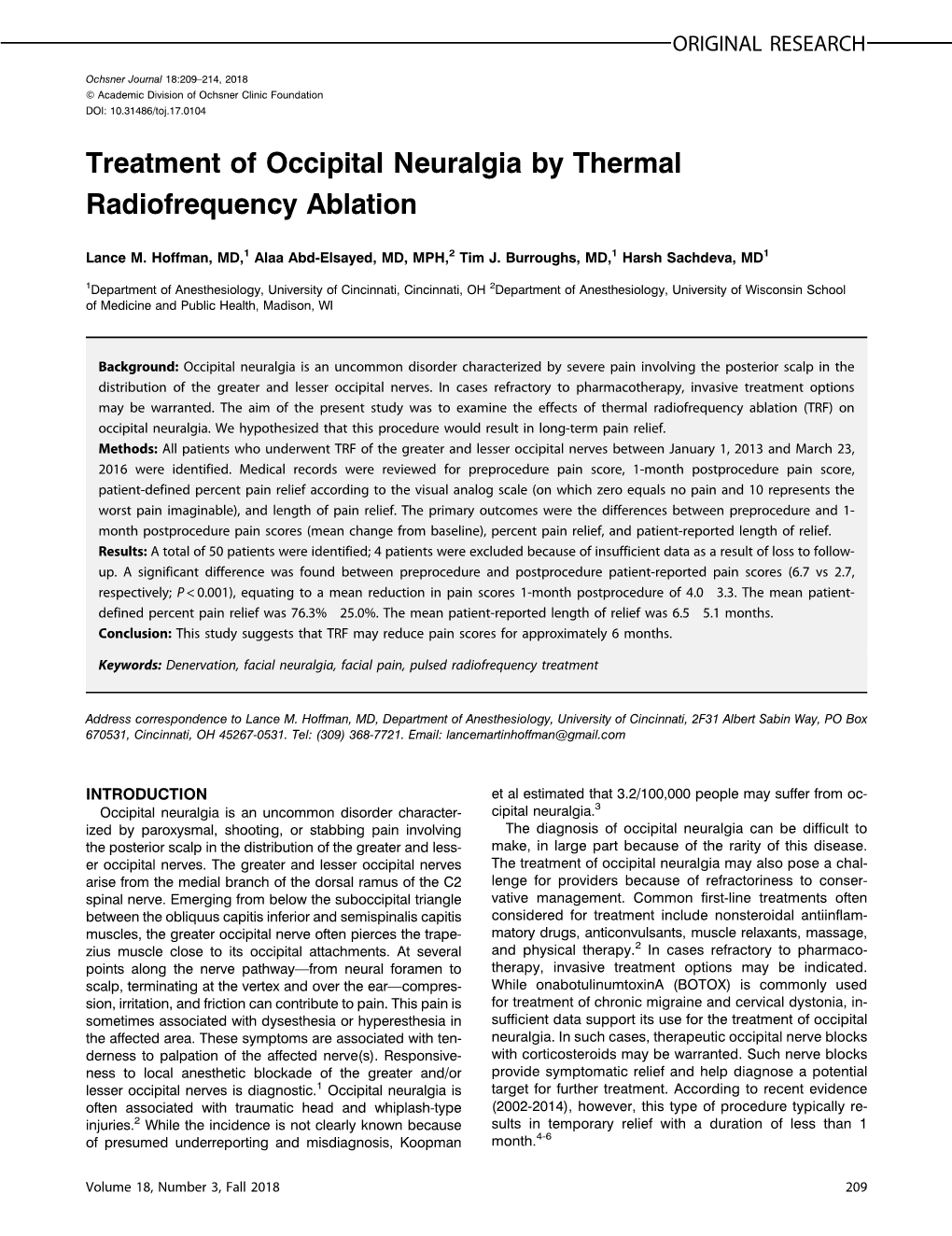 Treatment of Occipital Neuralgia by Thermal Radiofrequency Ablation