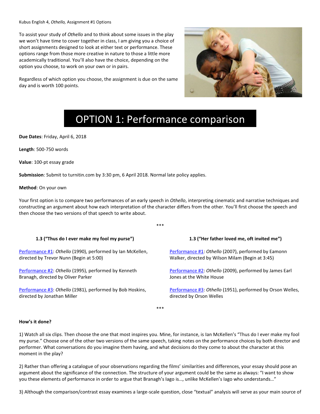 Set Othello, Assignment #1 with Options