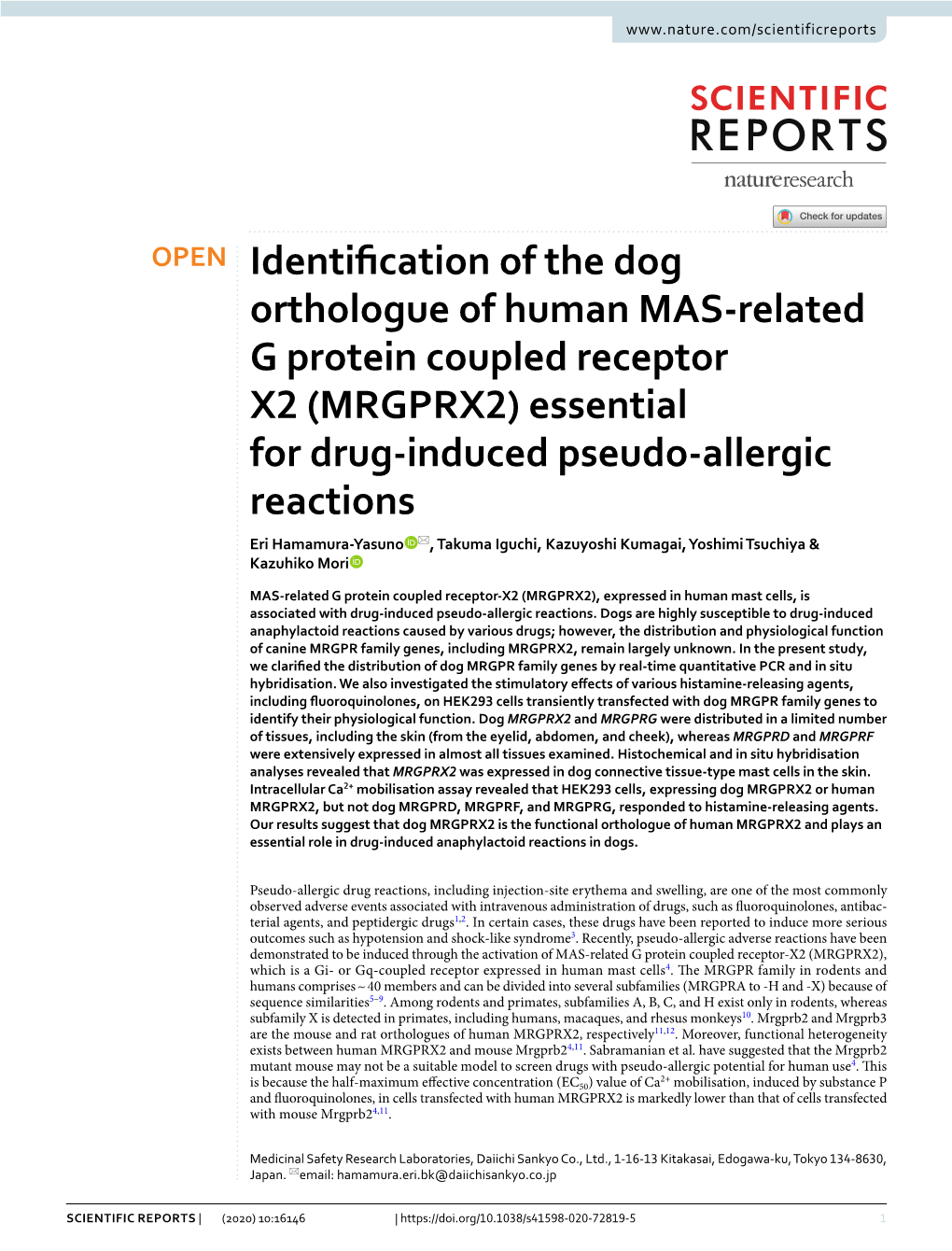 Identification of the Dog Orthologue of Human MAS-Related G Protein