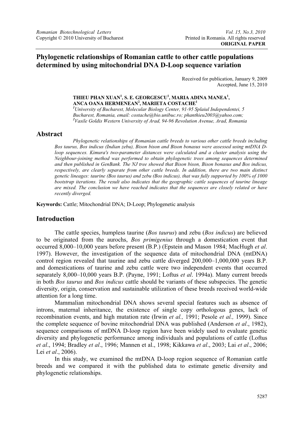 Phylogenetic Relationships of Romanian Cattle to Other Cattle Populations Determined by Using Mitochondrial DNA D-Loop Sequence Variation