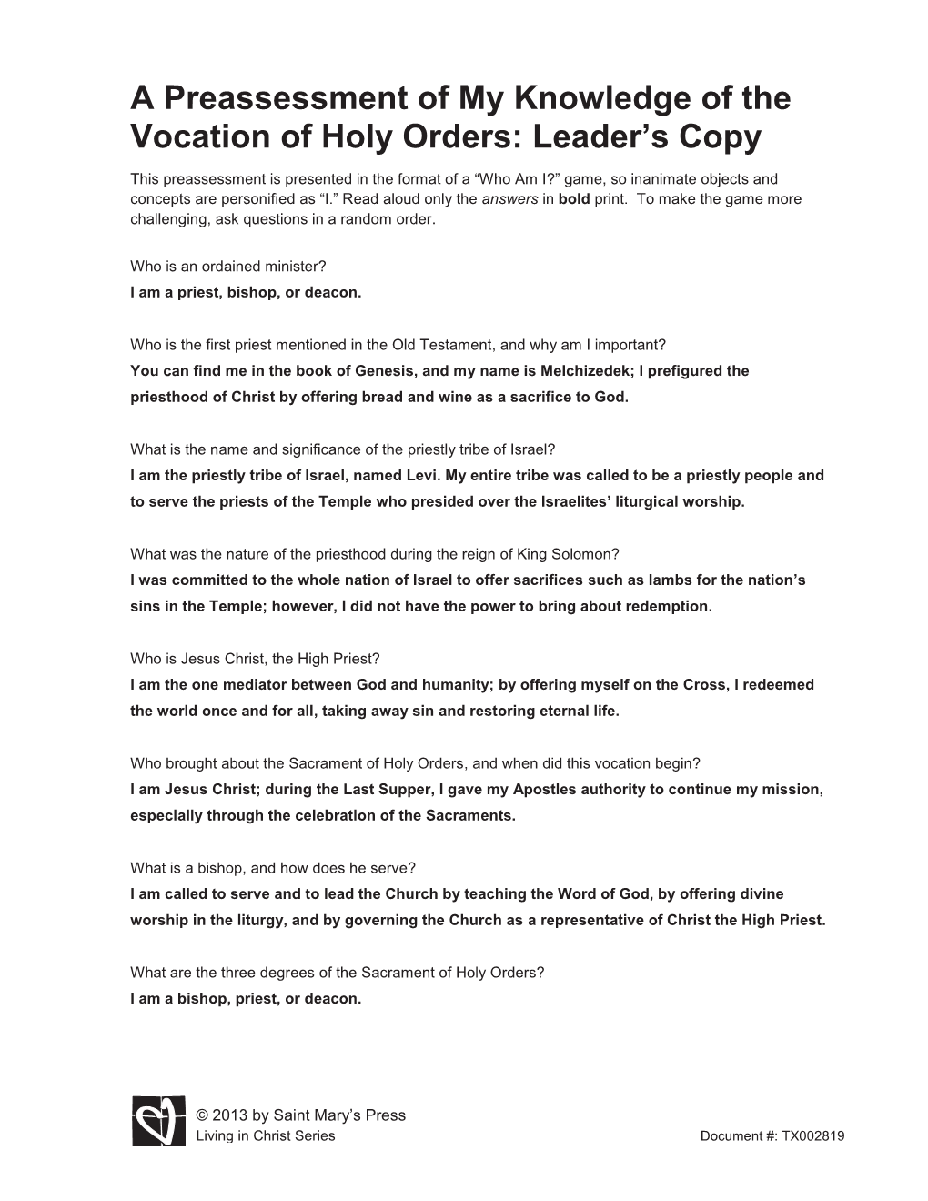 A Preassessment of My Knowledge of the Vocation of Holy Orders: Leader’S Copy