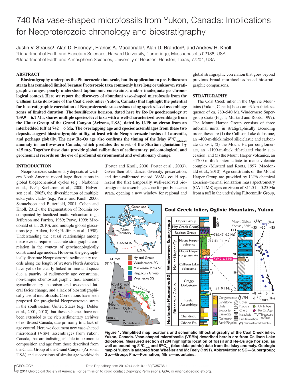 740 Ma Vase-Shaped Microfossils from Yukon, Canada: Implications for Neoproterozoic Chronology and Biostratigraphy