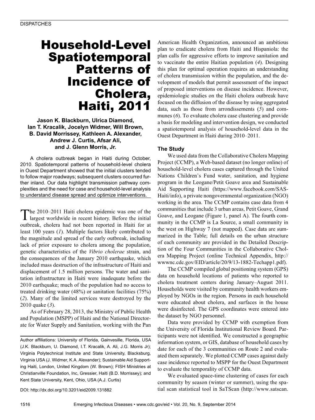 Household-Level Spatiotemporal Patterns of Incidence of Cholera, Haiti, 2011