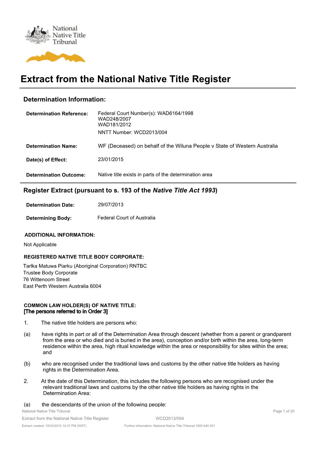 Extract from the National Native Title Register