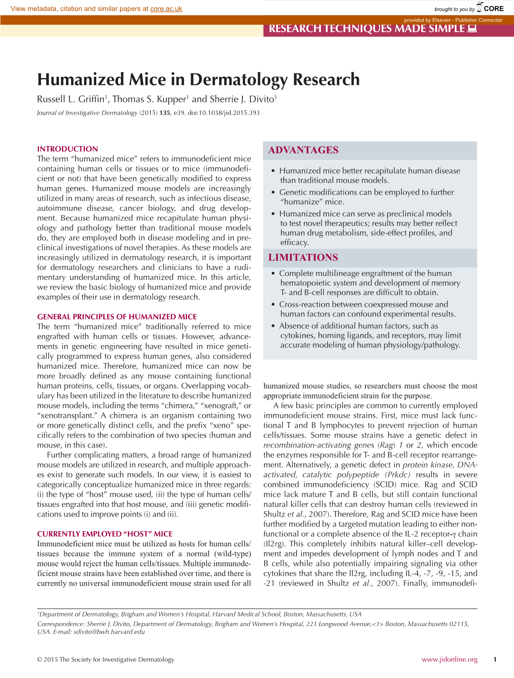 Humanized Mice in Dermatology Research Russell L