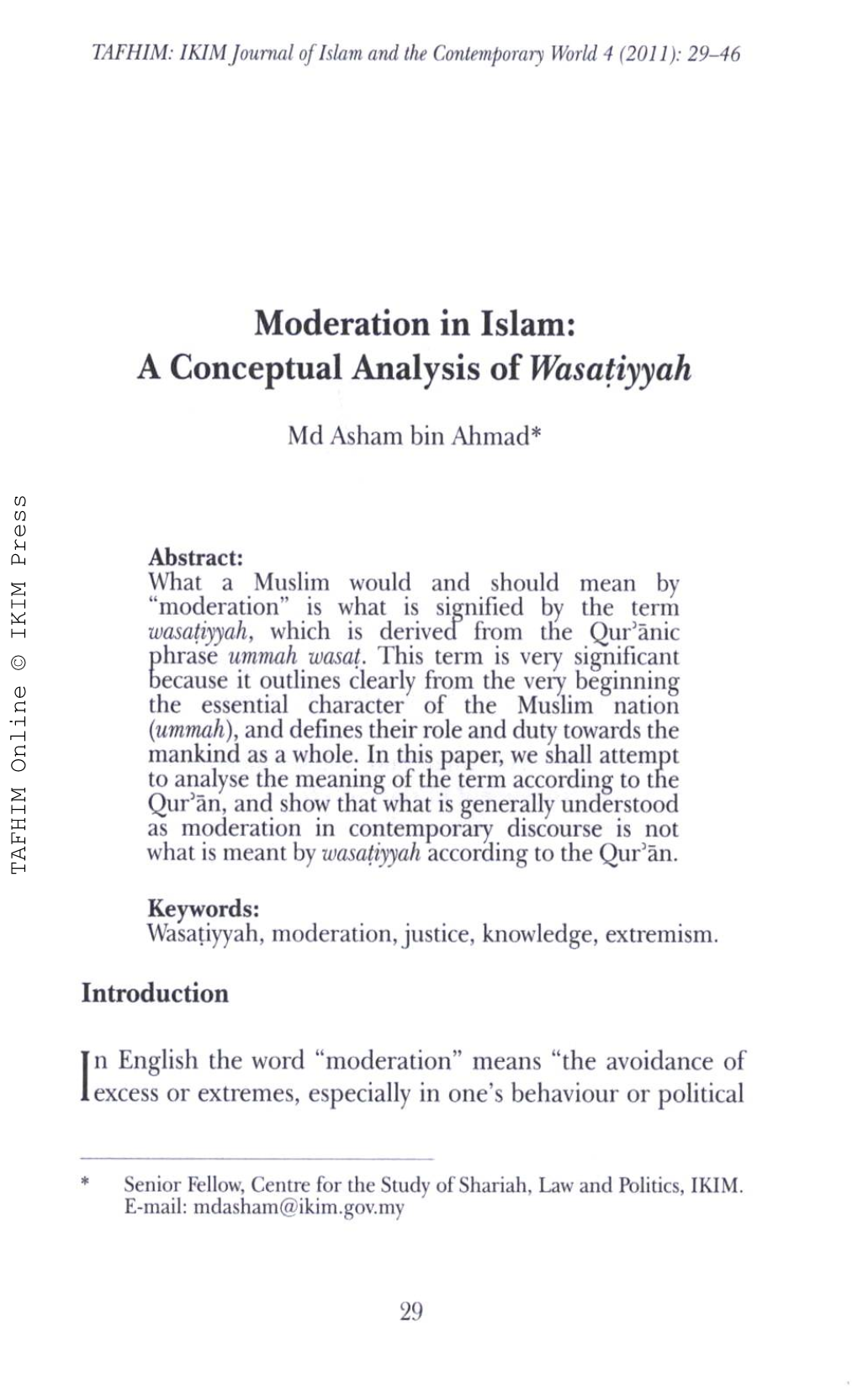 Moderation in Islam: a Conceptual Analysis of Wasatiyyah