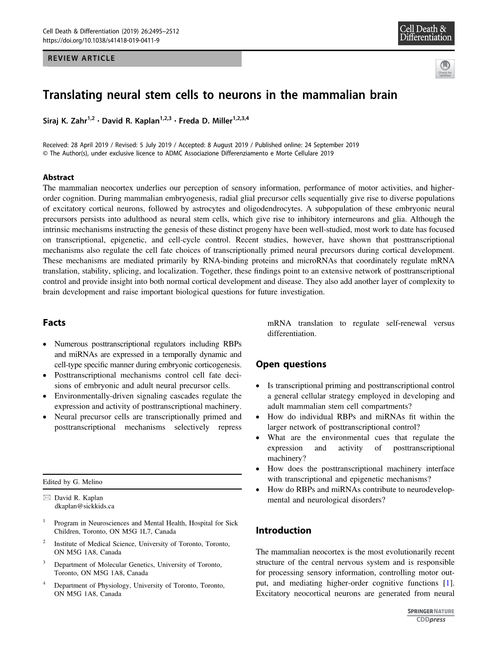 Translating Neural Stem Cells to Neurons in the Mammalian Brain