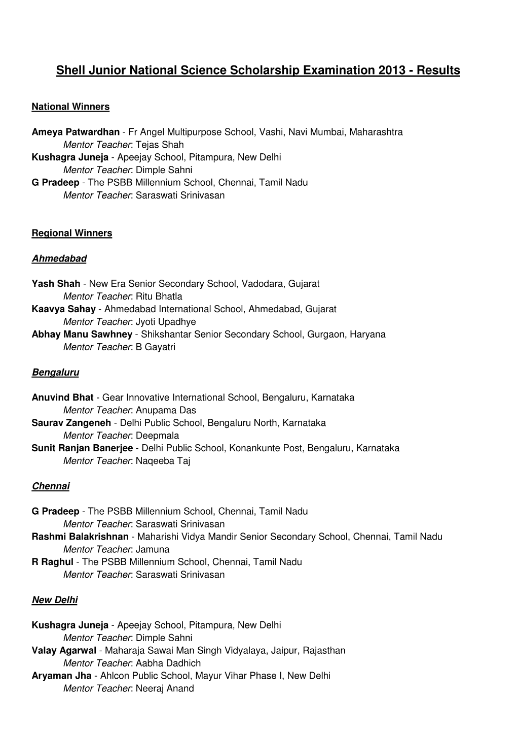 Shell Junior National Science Scholarship Examination 2013 - Results