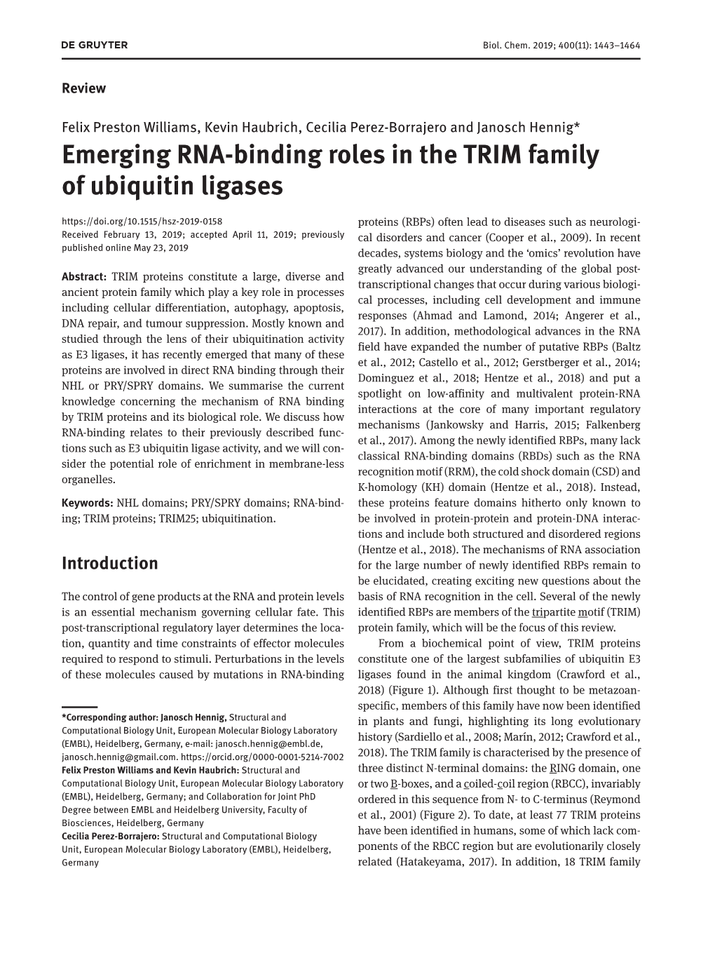 Emerging RNA-Binding Roles in the TRIM Family of Ubiquitin Ligases