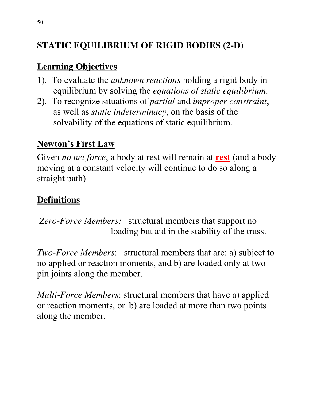 STATIC EQUILIBRIUM of RIGID BODIES (2-D) Learning Objectives