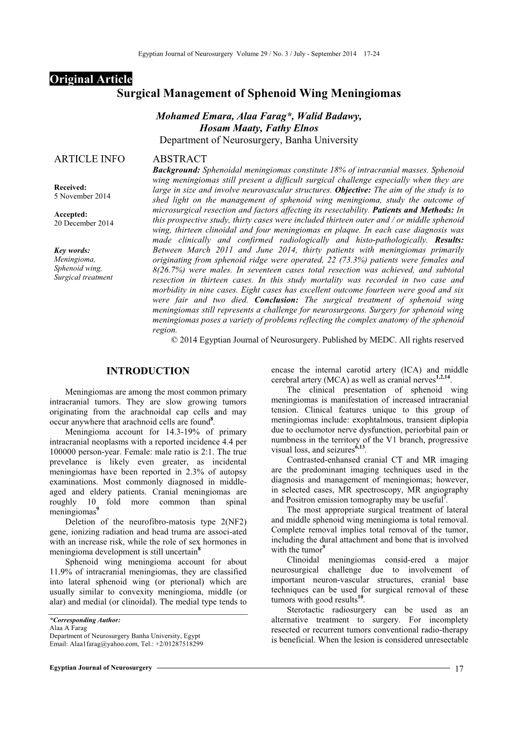 Surgical Management of Sphenoid Wing Meningiomas