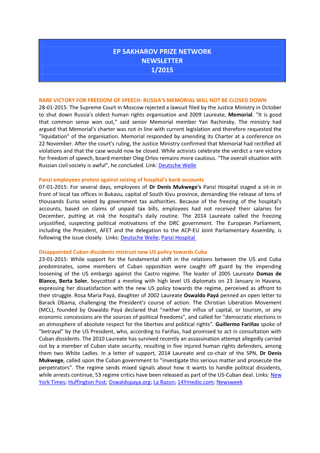 Ep Sakharov Prize Network Newsletter 1/2015