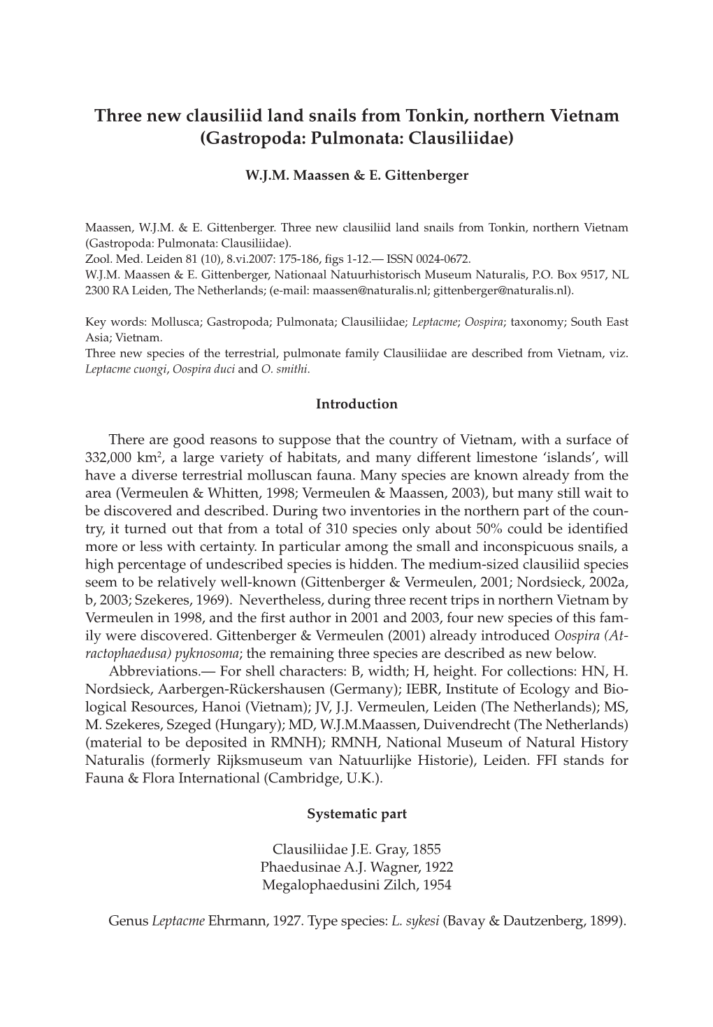 Three New Clausiliid Land Snails from Tonkin, Northern Vietnam (Gastropoda: Pulmonata: Clausiliidae)