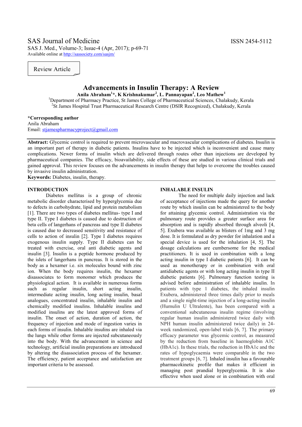 Advancements in Insulin Therapy: a Review Anila Abraham1*, K Krishnakumar2, L