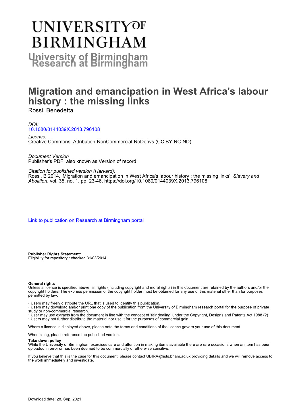 University of Birmingham Migration and Emancipation in West