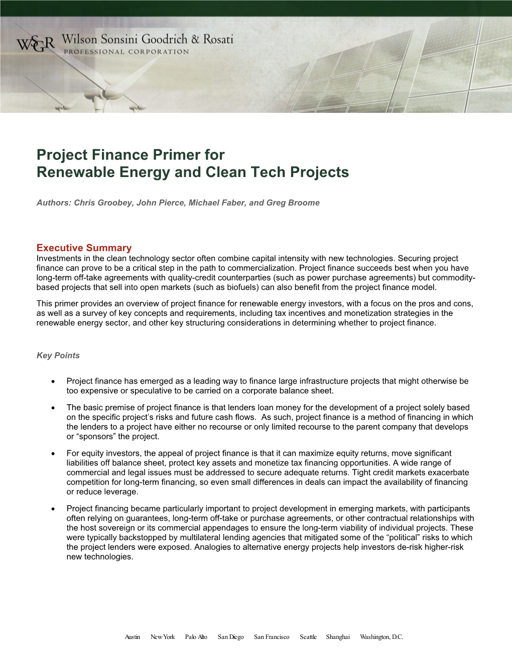 Project Finance Primer for Renewable Energy and Clean Tech Projects