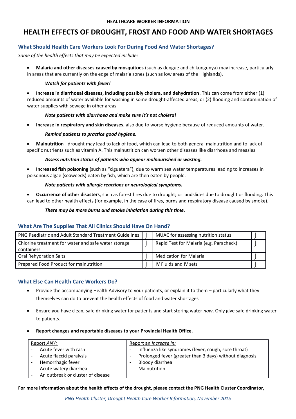 Healthcare Worker Information Health Effects of Drought, Frost and Food and Water Shortages