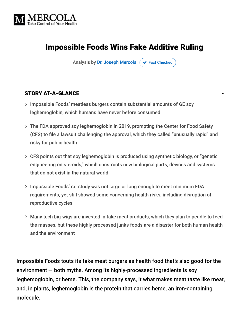 Impossible Foods Wins Fake Additive Ruling