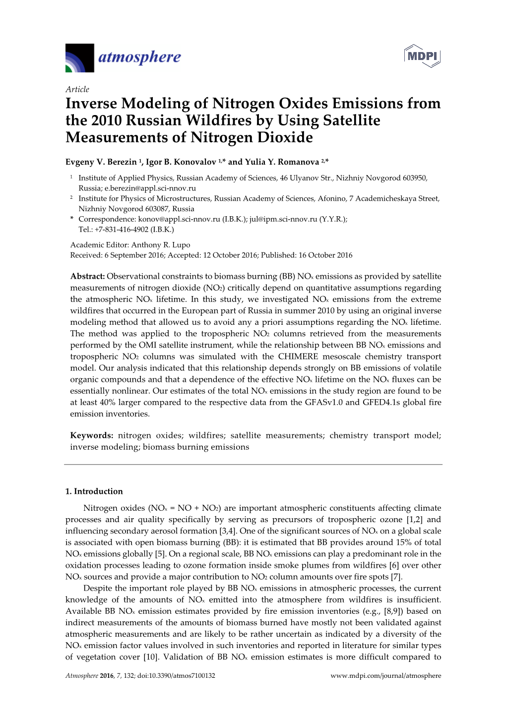 Inverse Modeling of Nitrogen Oxides Emissions from the 2010 Russian Wildfires by Using Satellite Measurements of Nitrogen Dioxide