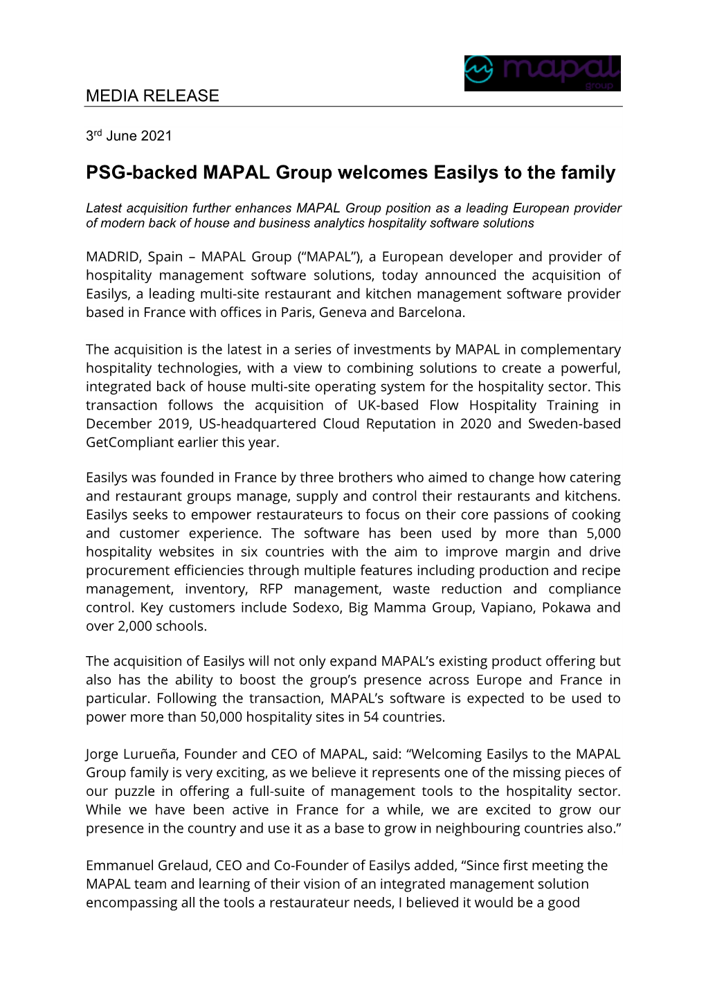 PSG-Backed MAPAL Group Welcomes Easilys to the Family