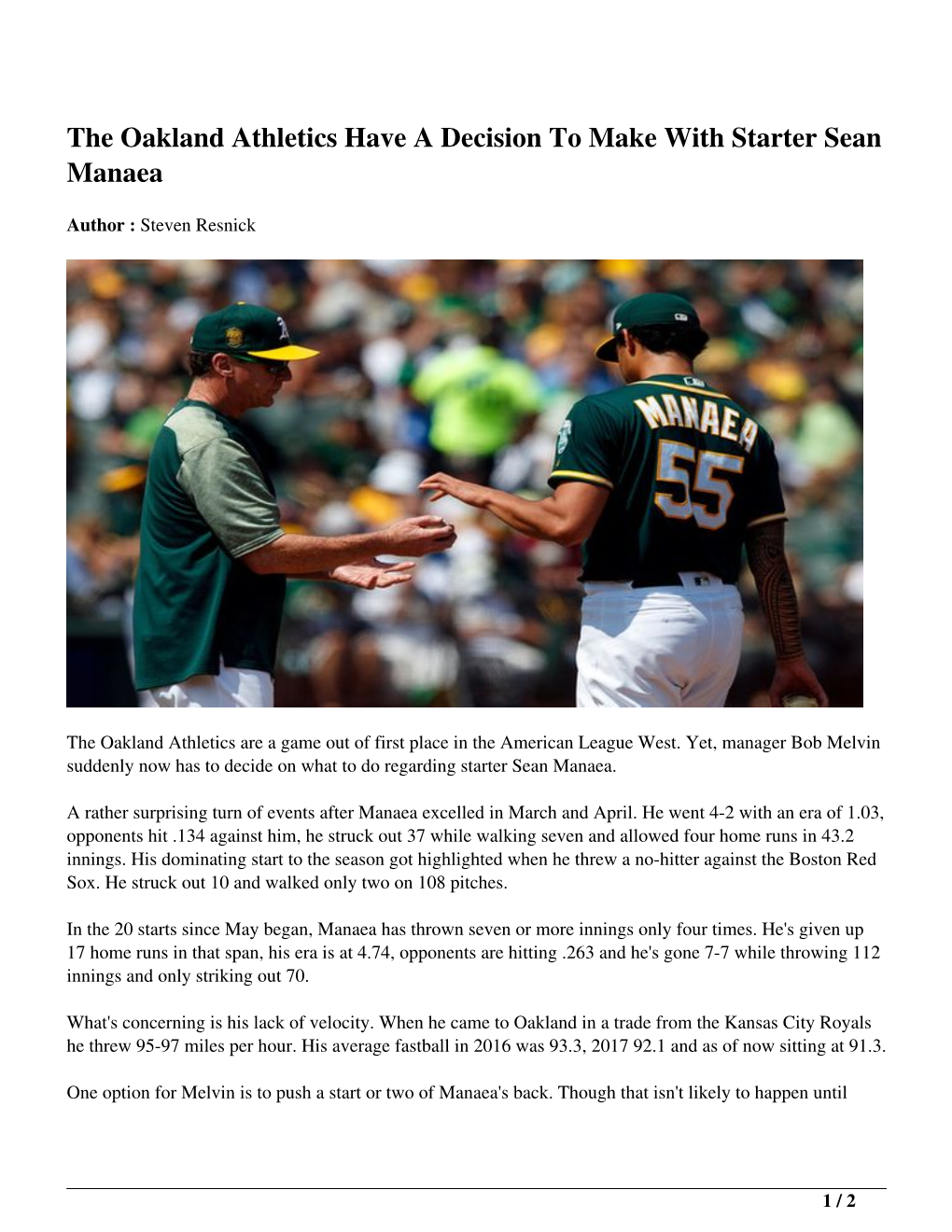 The Oakland Athletics Have a Decision to Make with Starter Sean Manaea