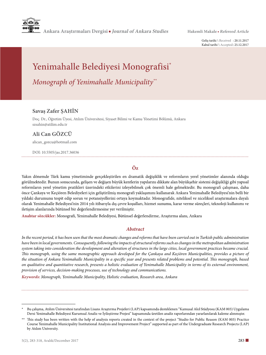 Yenimahalle Belediyesi Monografisi* Monograph of Yenimahalle Municipality**