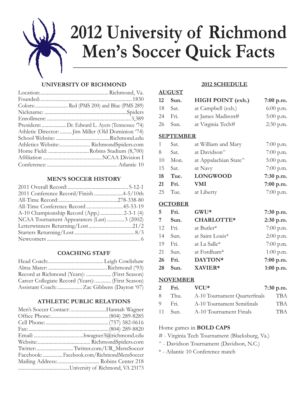 2012 University of Richmond Men's Soccer Quick Facts