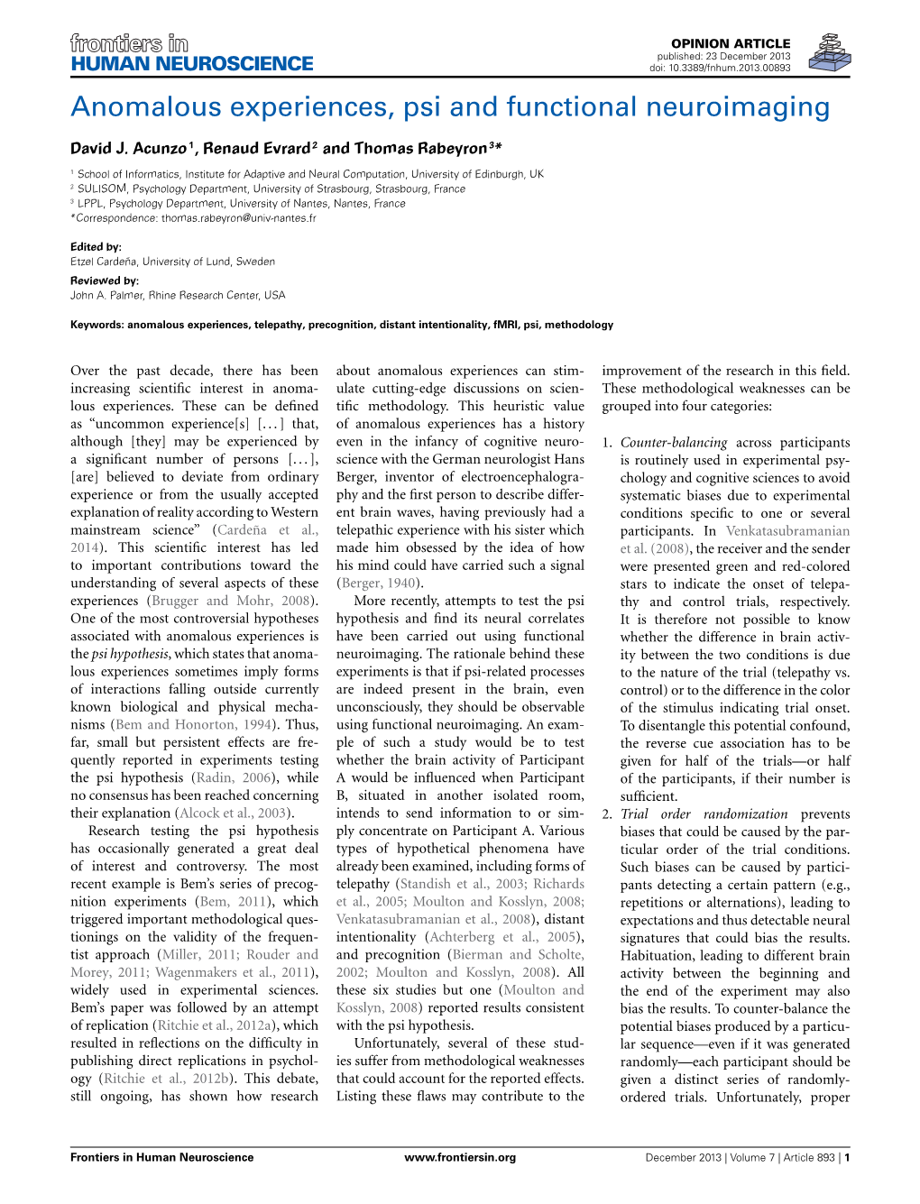 Anomalous Experiences, Psi and Functional Neuroimaging