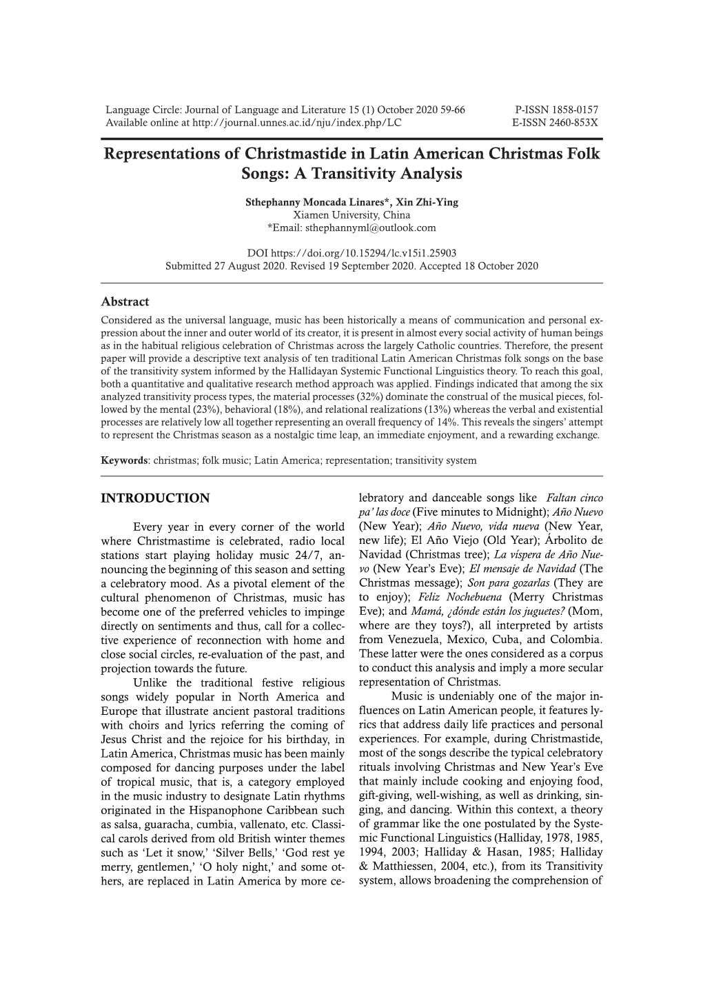 Representations of Christmastide in Latin American Christmas Folk Songs: a Transitivity Analysis