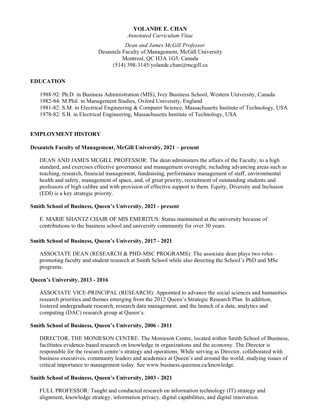 YOLANDE E. CHAN Annotated Curriculum Vitae Dean and James