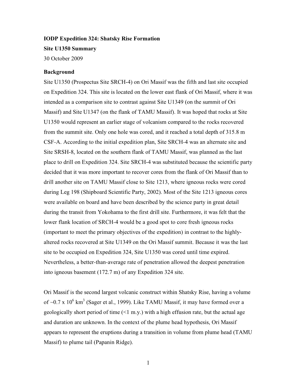 (Shatsky Rise Formation) Site U1350 Summary