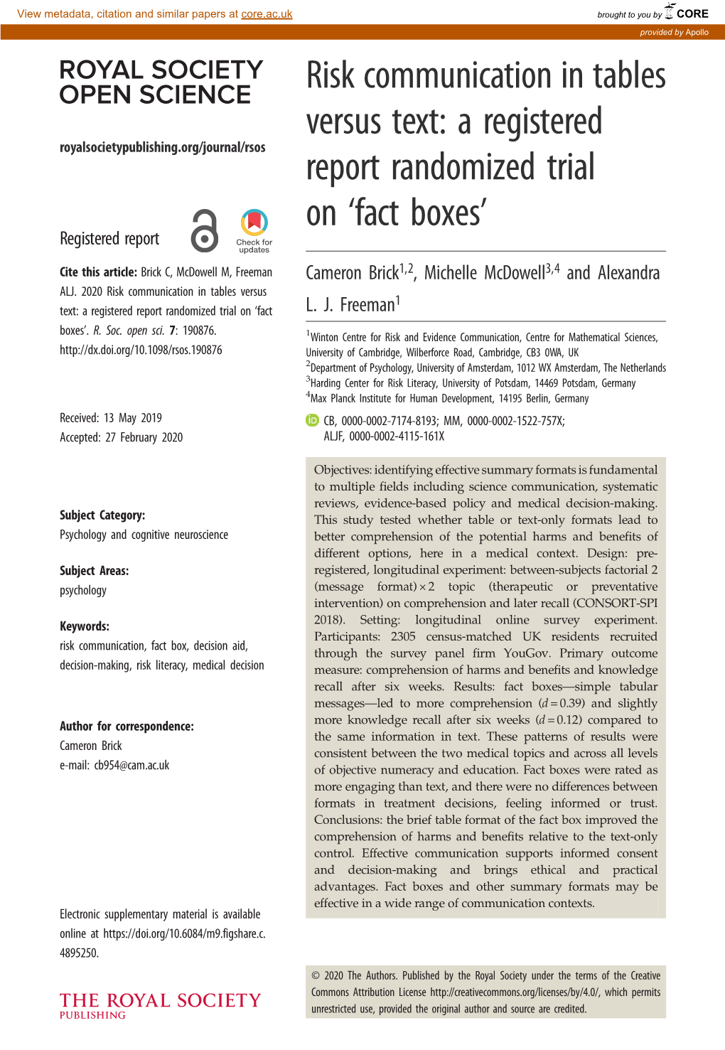 Risk Communication in Tables Versus Text