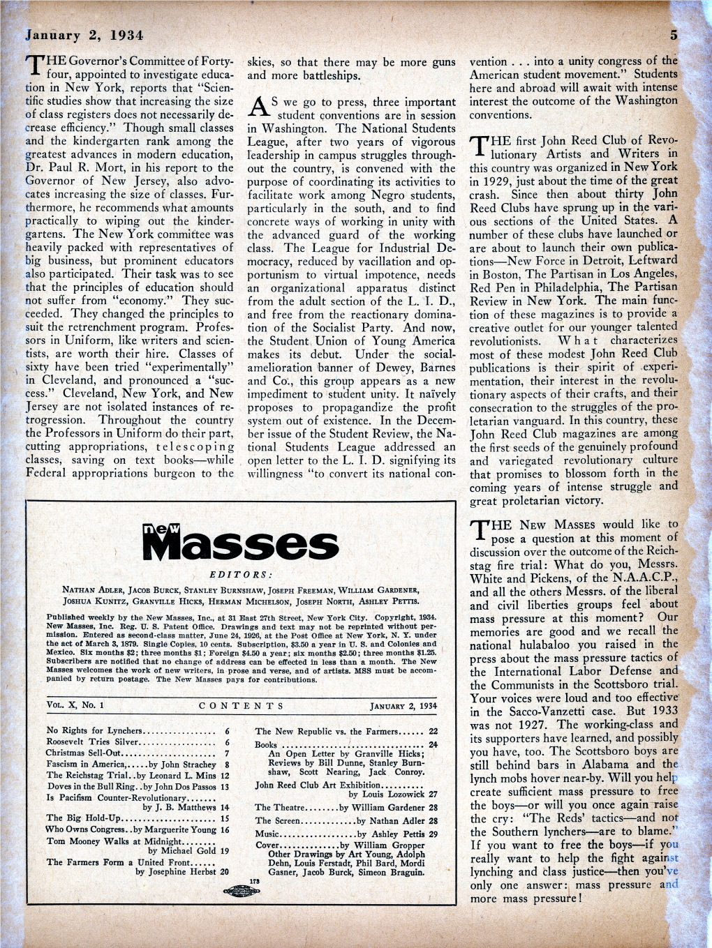 NEW MASSES Would Like to T Pose a Question at This Moment of Discussion Over the Outcome of the Reich- New Masses Stag Fire Trial: What Do You, Messrs