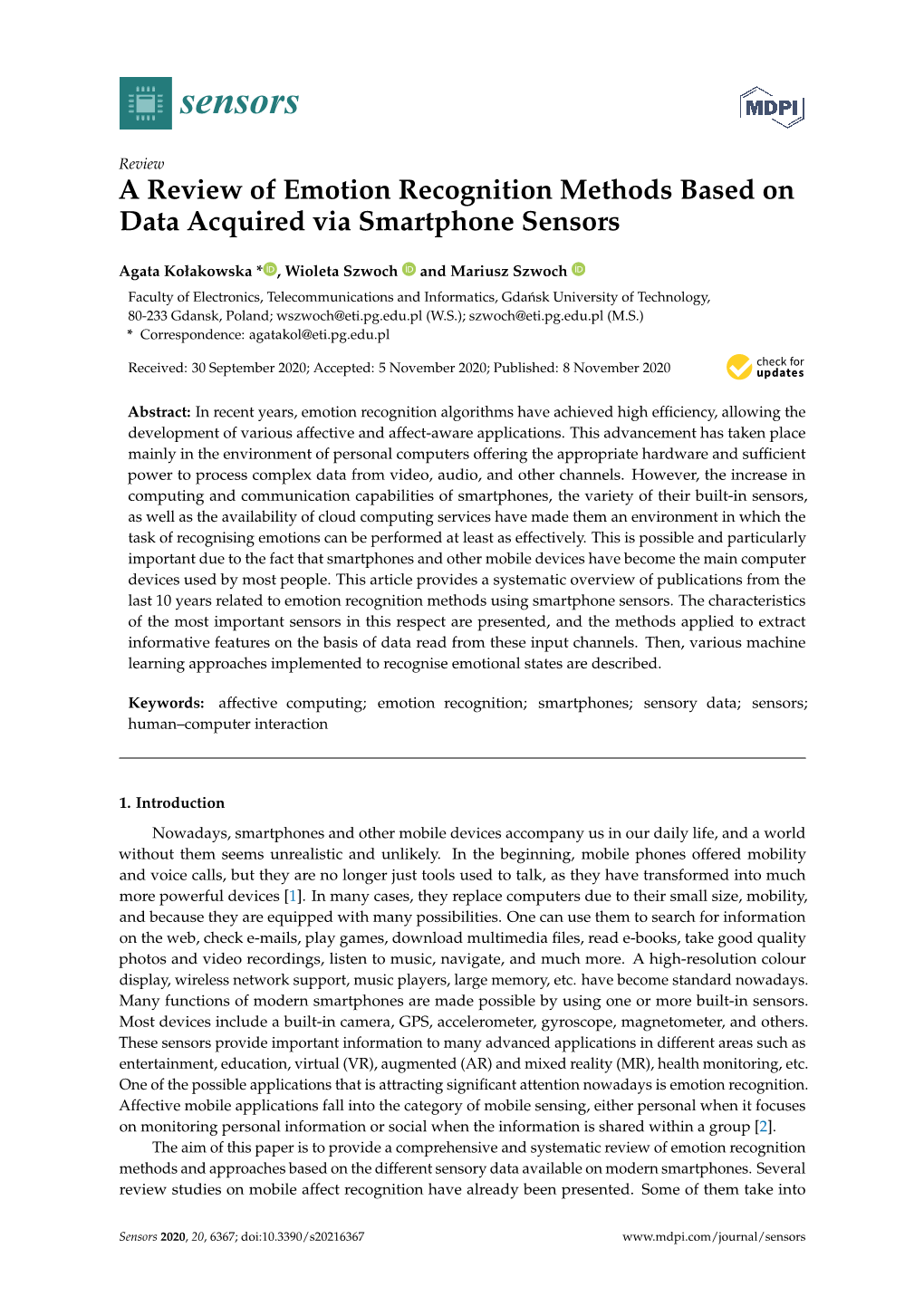 A Review of Emotion Recognition Methods Based on Data Acquired Via Smartphone Sensors