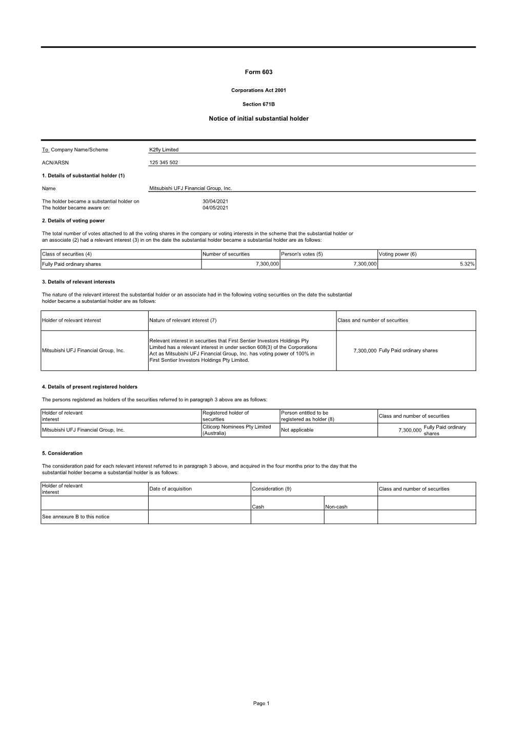 Form 603 Notice of Initial Substantial Holder