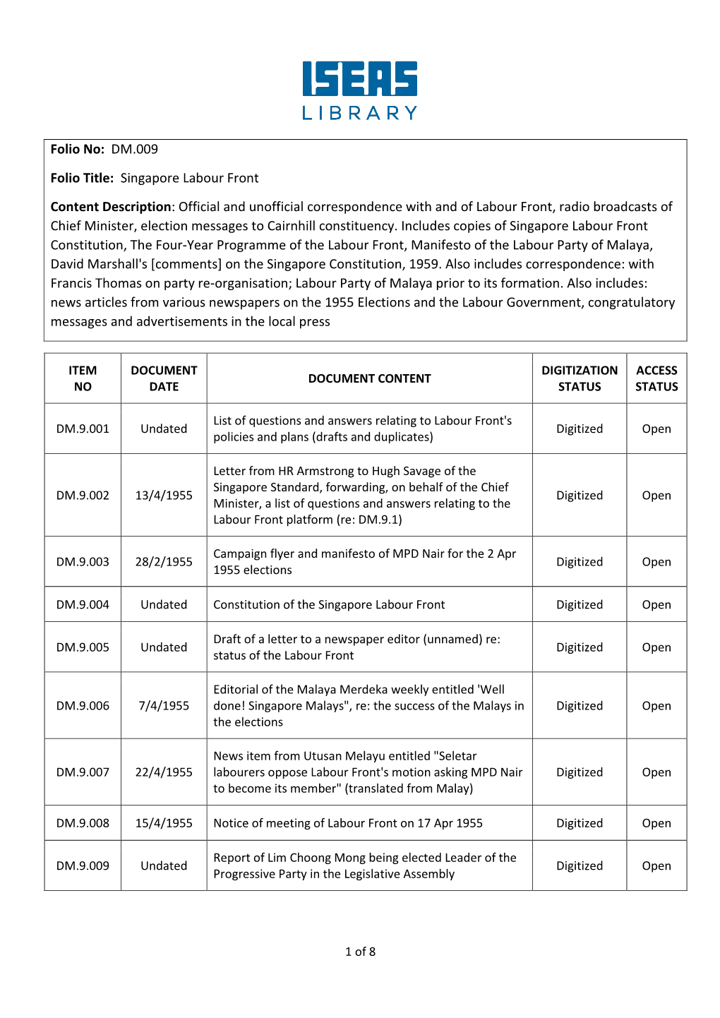 DM.009 Folio Title: Singapore Labour Front Content Description