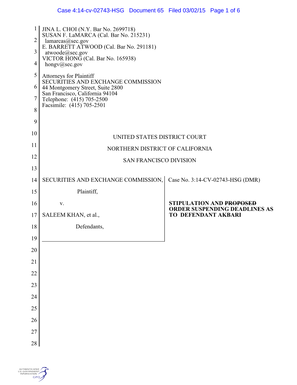 Case 4:14-Cv-02743-HSG Document 65 Filed 03/02/15 Page 1 of 6