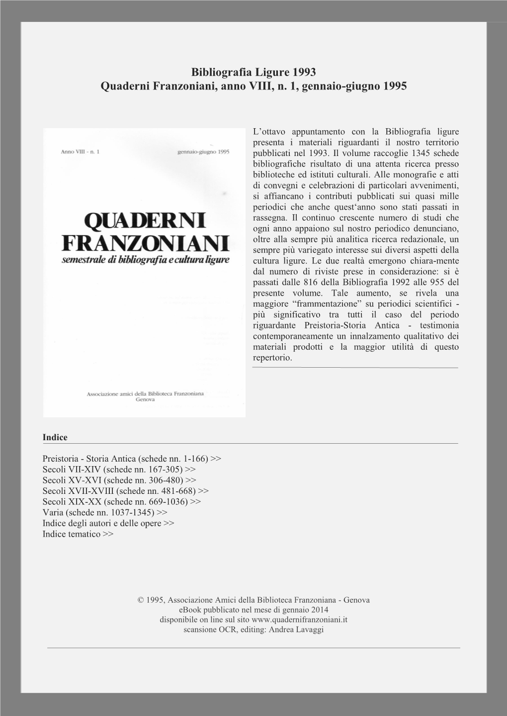 Guarda La Bibliografia Ligure 1993 on Line