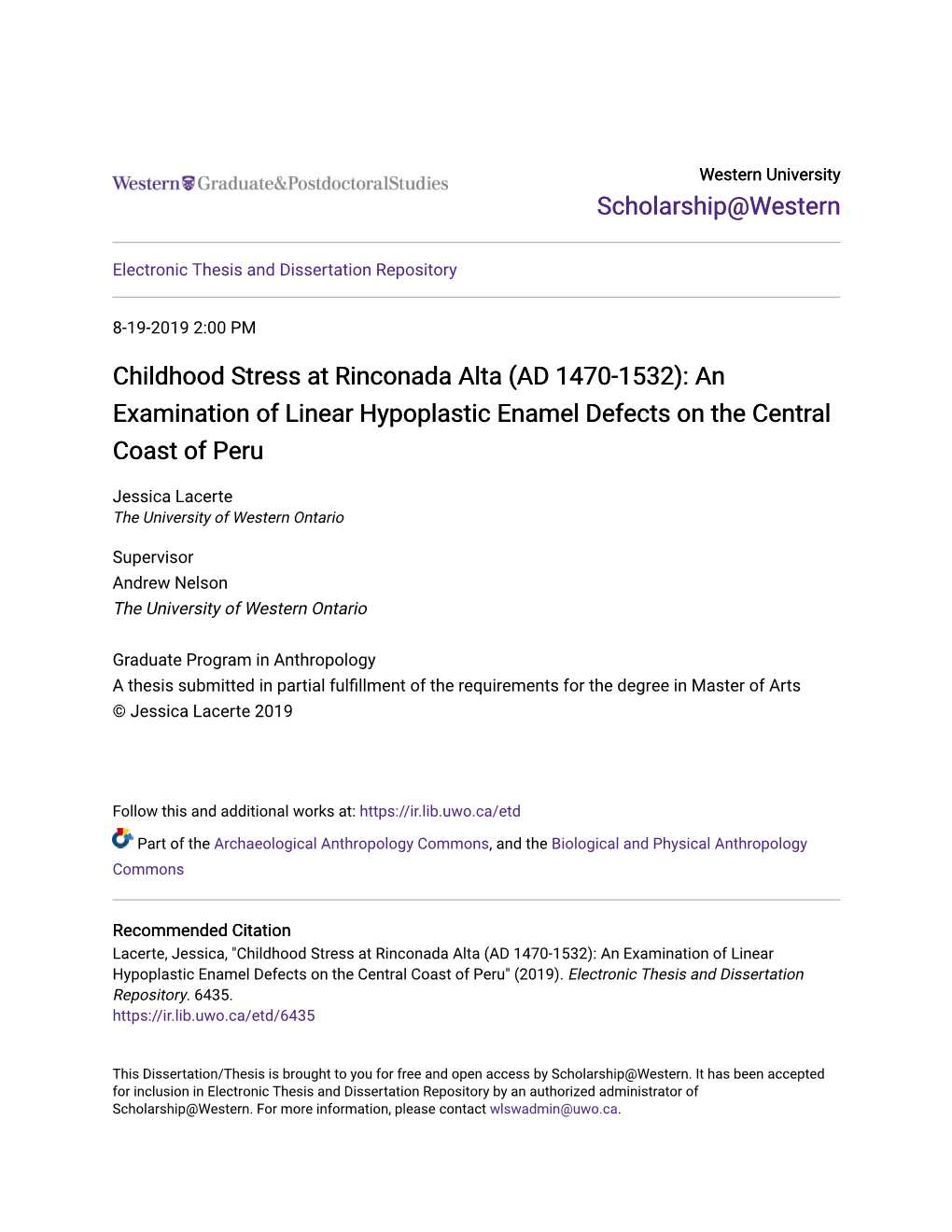 Childhood Stress at Rinconada Alta (AD 1470-1532): an Examination of Linear Hypoplastic Enamel Defects on the Central Coast of Peru