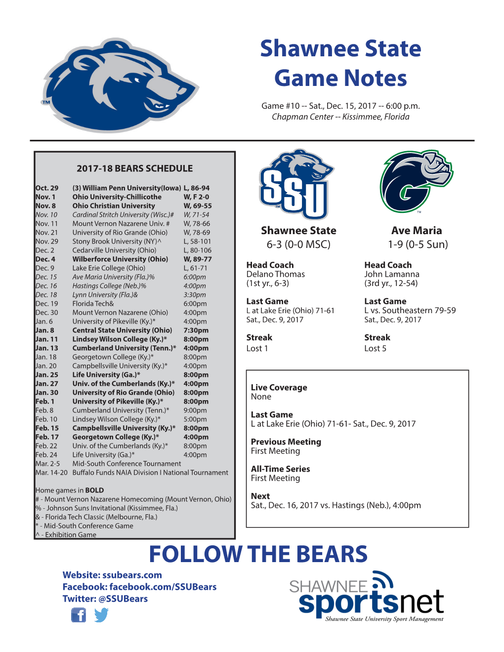 Shawnee State Game Notes FOLLOW the BEARS