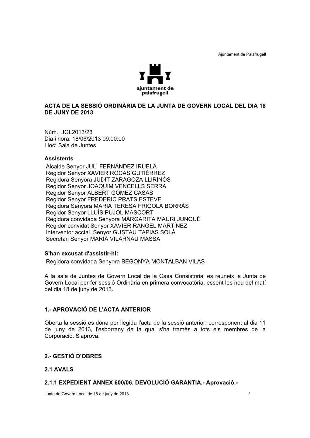 Acta De La Junta De Govern Local De 18 De