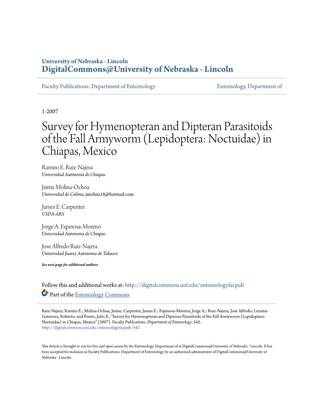 Survey for Hymenopteran and Dipteran Parasitoids of the Fall Armyworm (Lepidoptera: Noctuidae) in Chiapas, Mexico Ramiro E