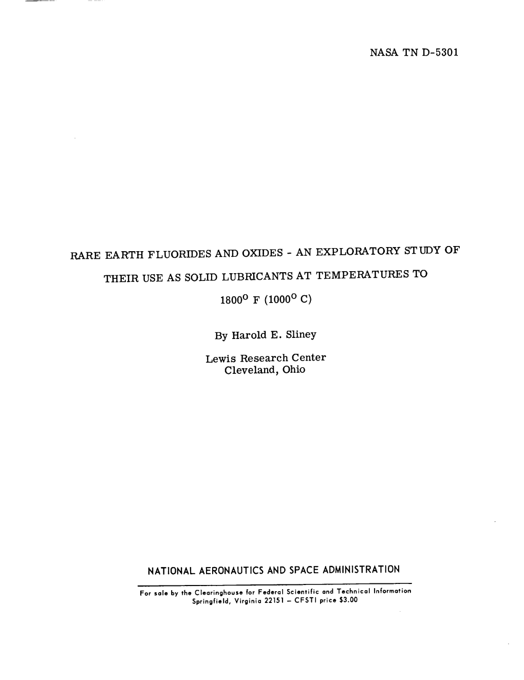 Nasa Tn D-5301 Rare Earth Fluorides and Oxides