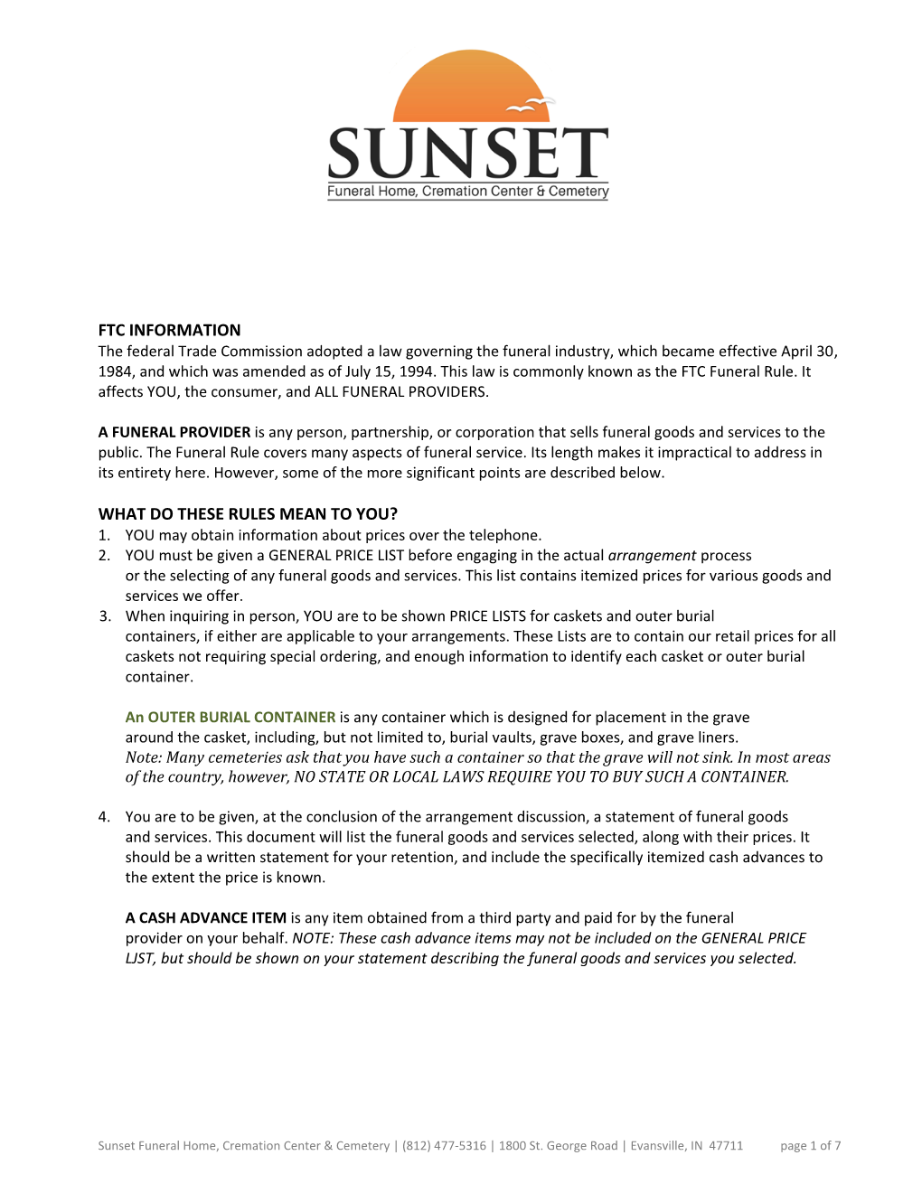 Sunset General Price List