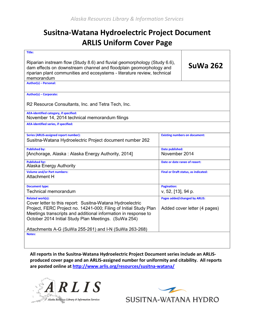 Susitna-Watana Hydroelectric Project Document ARLIS Uniform Cover Page Title